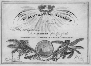 um certificado da American Colonization Society