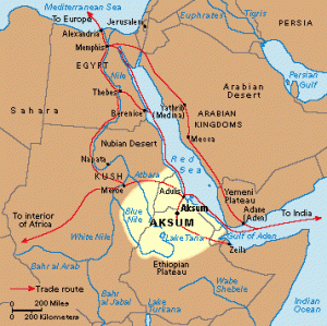 Mapa histórico com os limites aproximados dos impérios kushita e aksumita