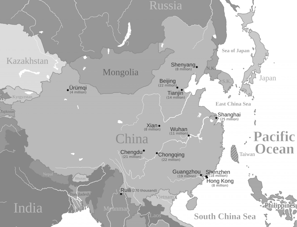 Mapa da China. Ruili é uma pequena cidade na fronteira com o Mianmar, que o New York Times apresenta como representante da vida na “China da Covid Zero”.
